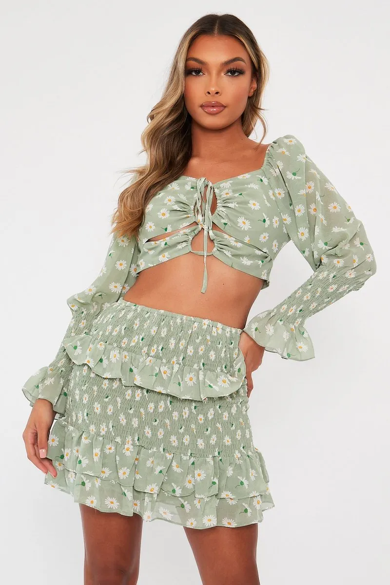 Mint Floral Print Lace Up Crop Top   Shirred Skirt Set - Adelei