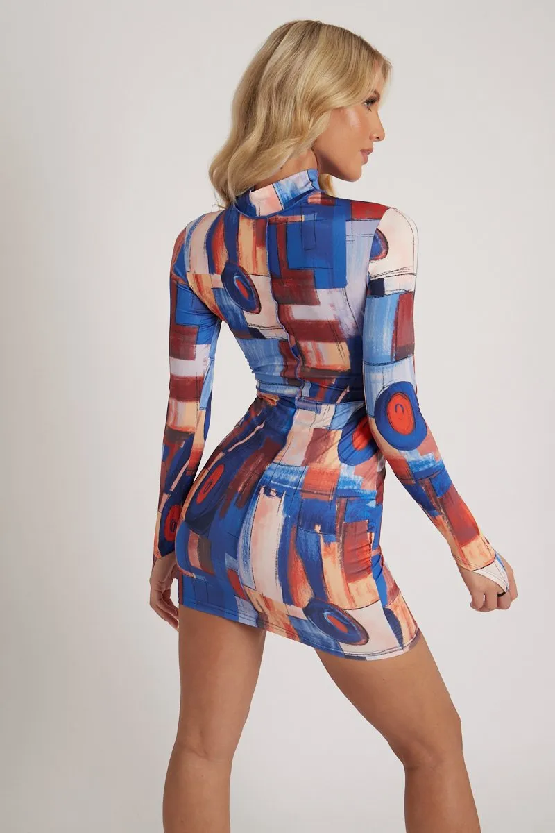 Multi Abstract Print High Neck Mini Dress - Kristi