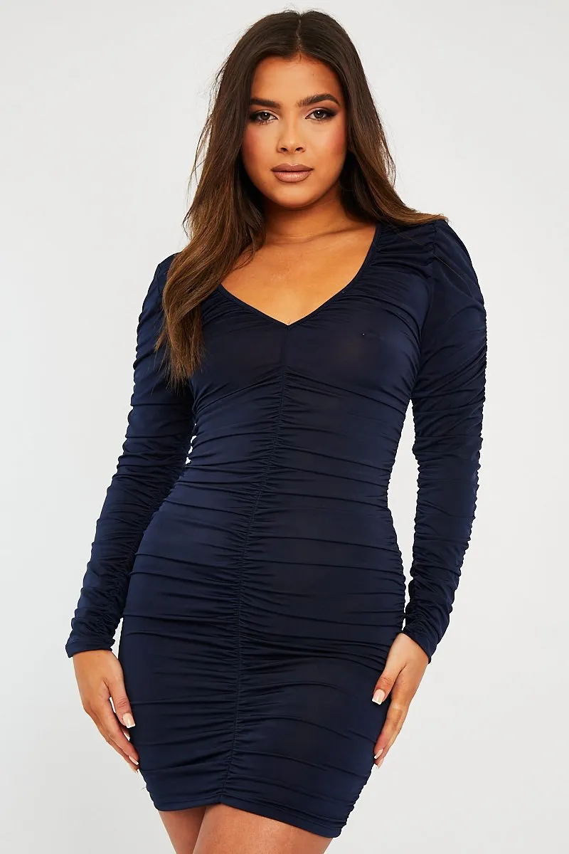 Navy Blue Ruched Detail Slinky Mini Dress - Demmi