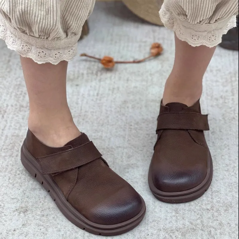 Soft Leather Round Toe Slip ons Loafers Touch-strap  in Khaki/Coffee