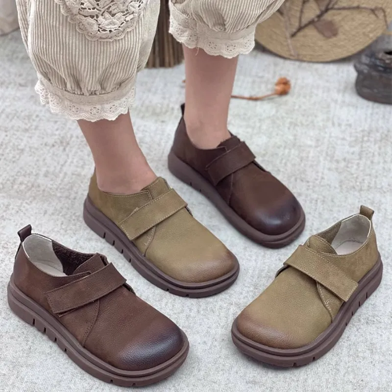 Soft Leather Round Toe Slip ons Loafers Touch-strap  in Khaki/Coffee