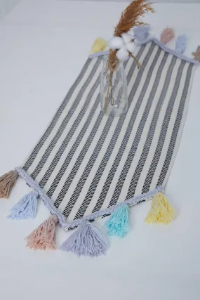 Striped Cotton Table Runner with Big Multicolor Tassels 12 x 36 Inches, Machine Washable Unique Design Table Runner for Kitchen Decors,R-47K