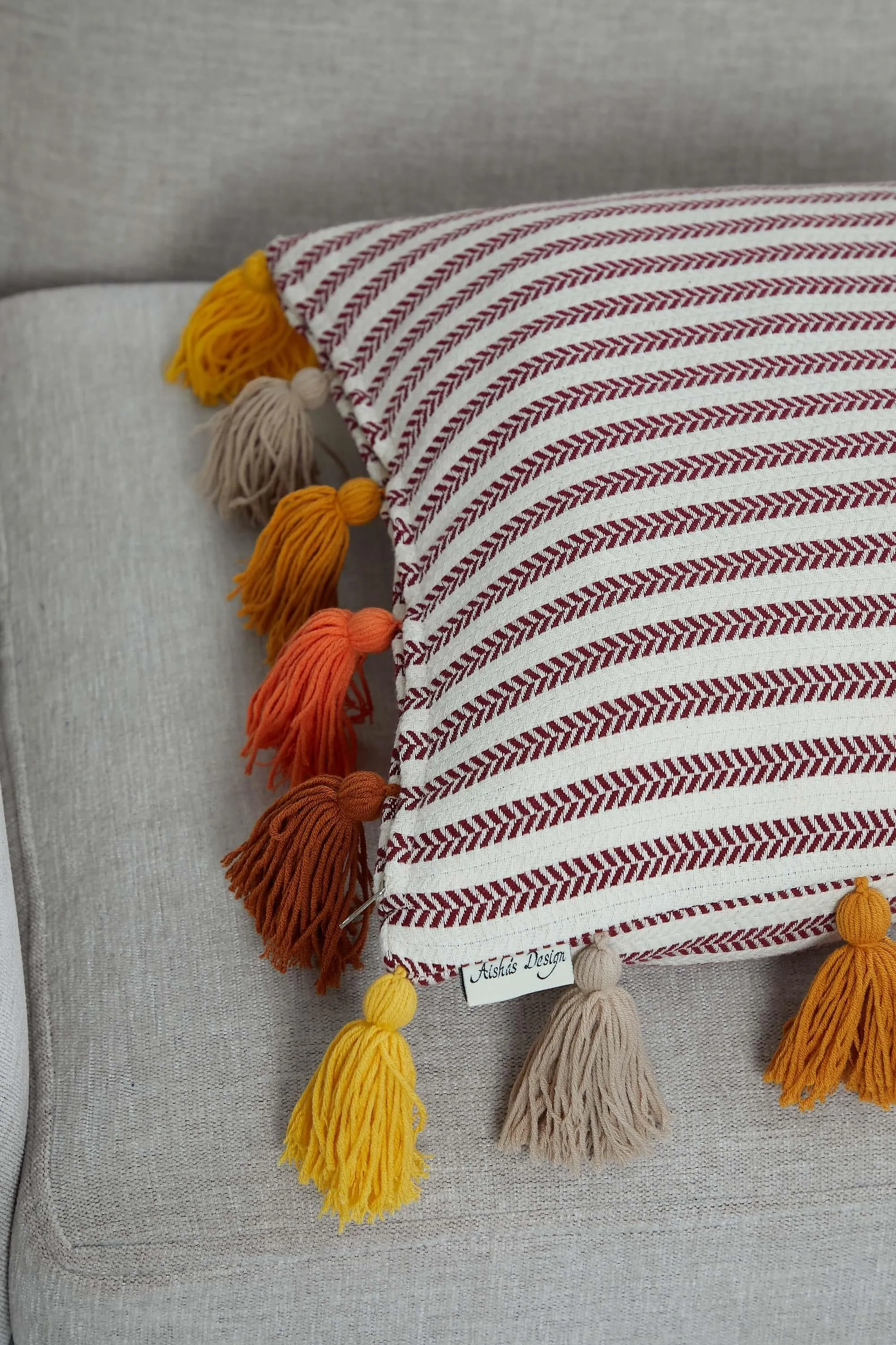 Striped-Patterned Pillow Cover with Plenty of Colourful Tassels on the Edges, 18x18 Inches Decorative Cushion Cover for Modern Home,K-272