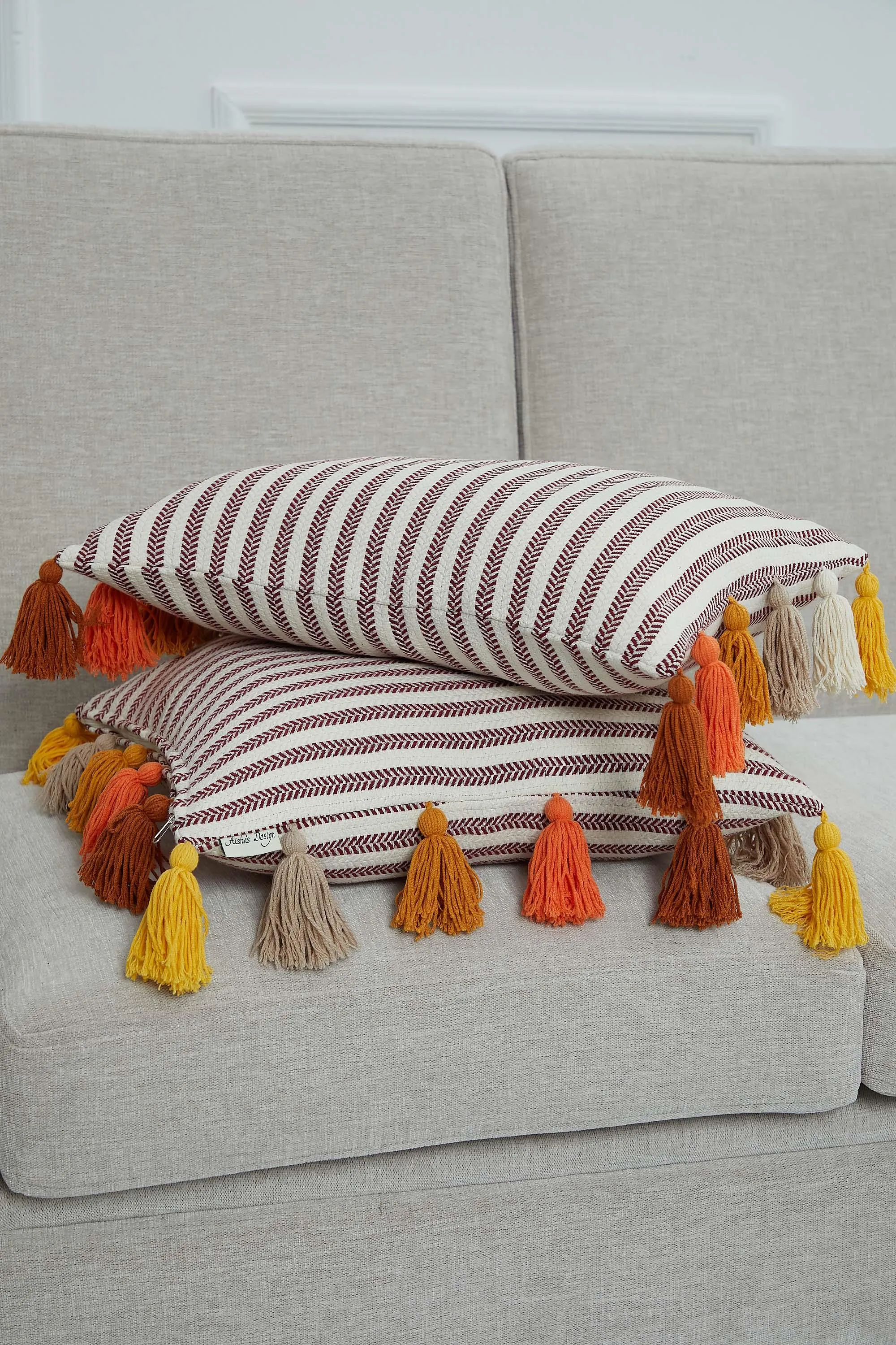 Striped-Patterned Pillow Cover with Plenty of Colourful Tassels on the Edges, 18x18 Inches Decorative Cushion Cover for Modern Home,K-272