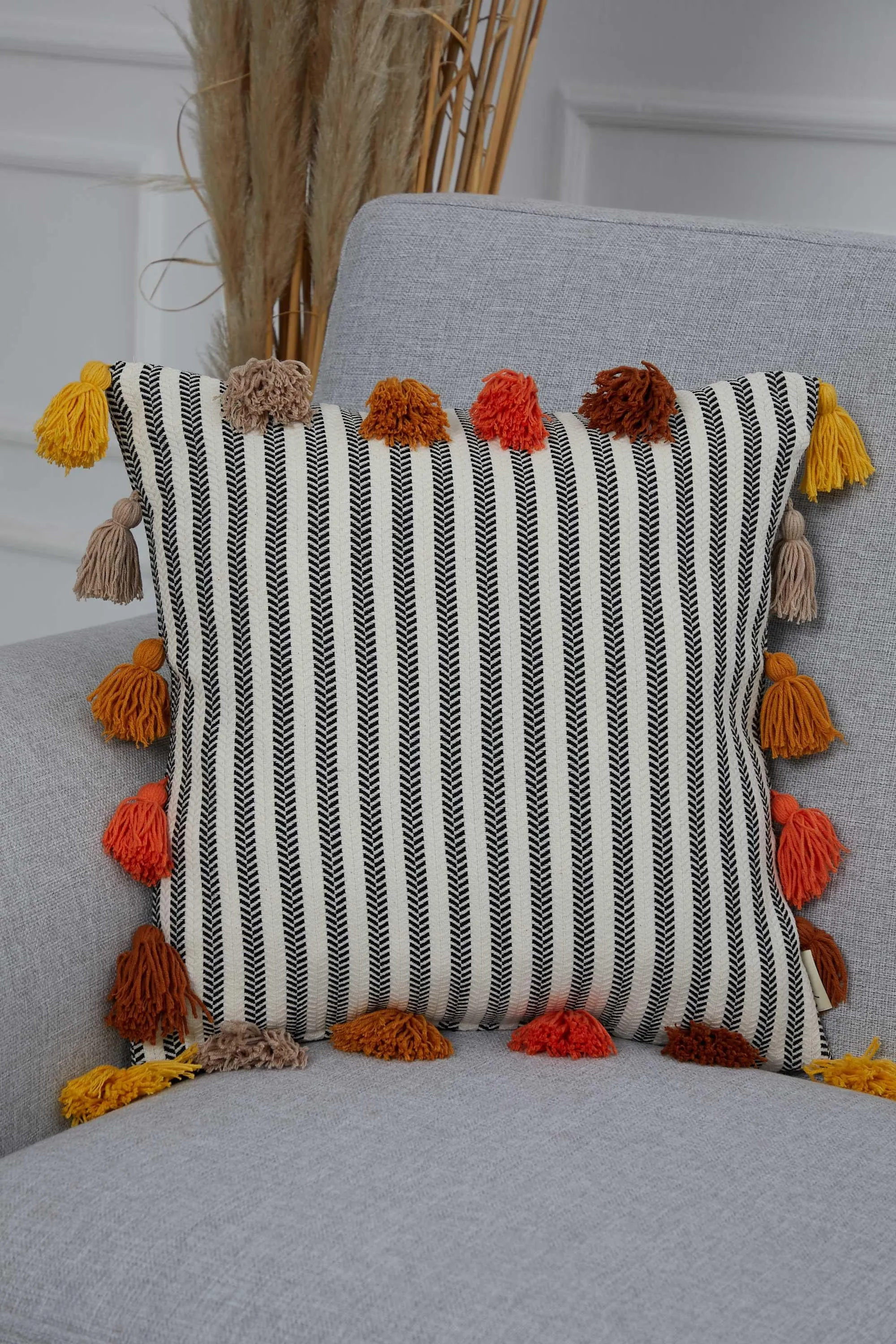 Striped-Patterned Pillow Cover with Plenty of Colourful Tassels on the Edges, 18x18 Inches Decorative Cushion Cover for Modern Home,K-272