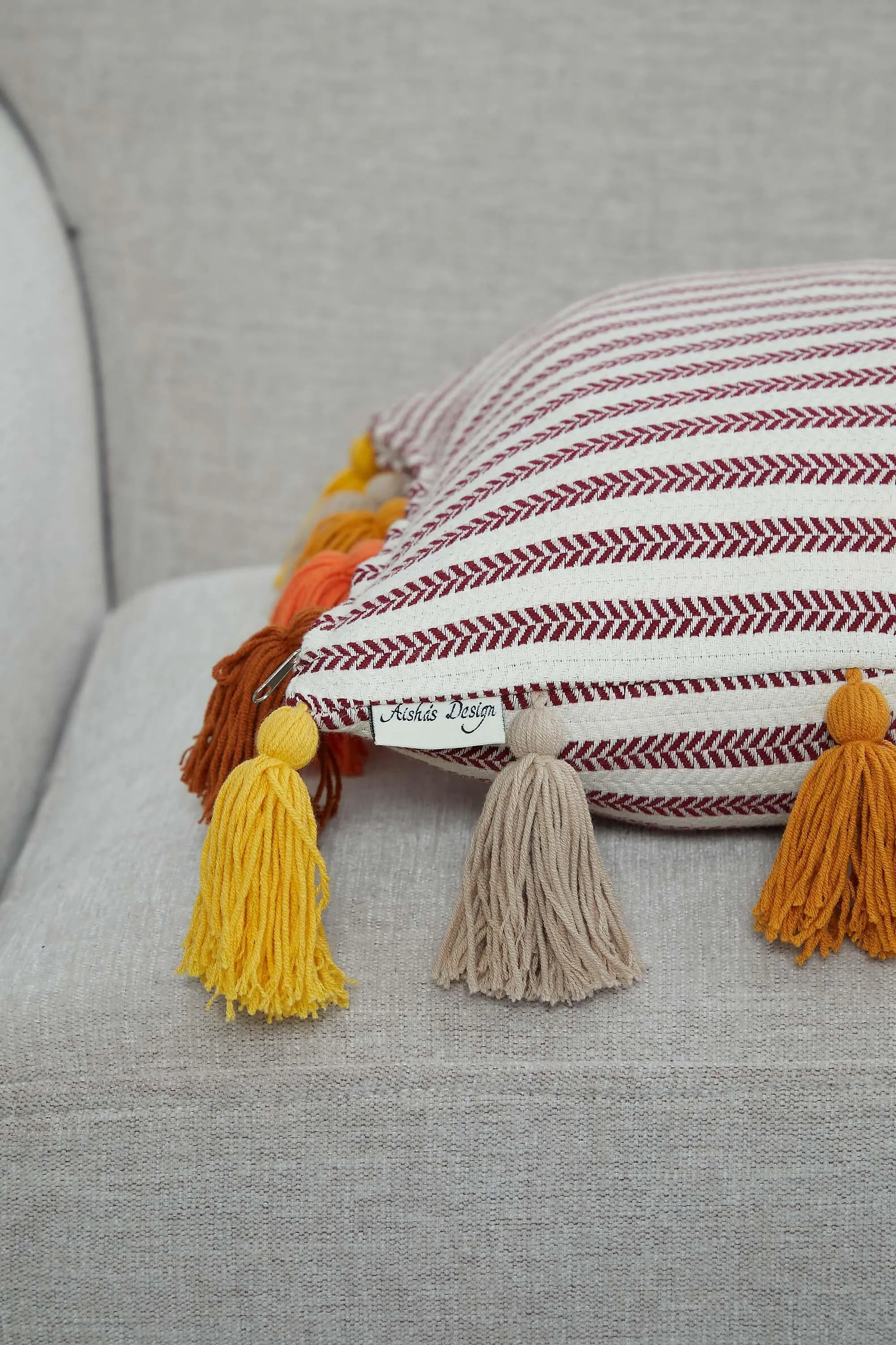 Striped-Patterned Pillow Cover with Plenty of Colourful Tassels on the Edges, 18x18 Inches Decorative Cushion Cover for Modern Home,K-272