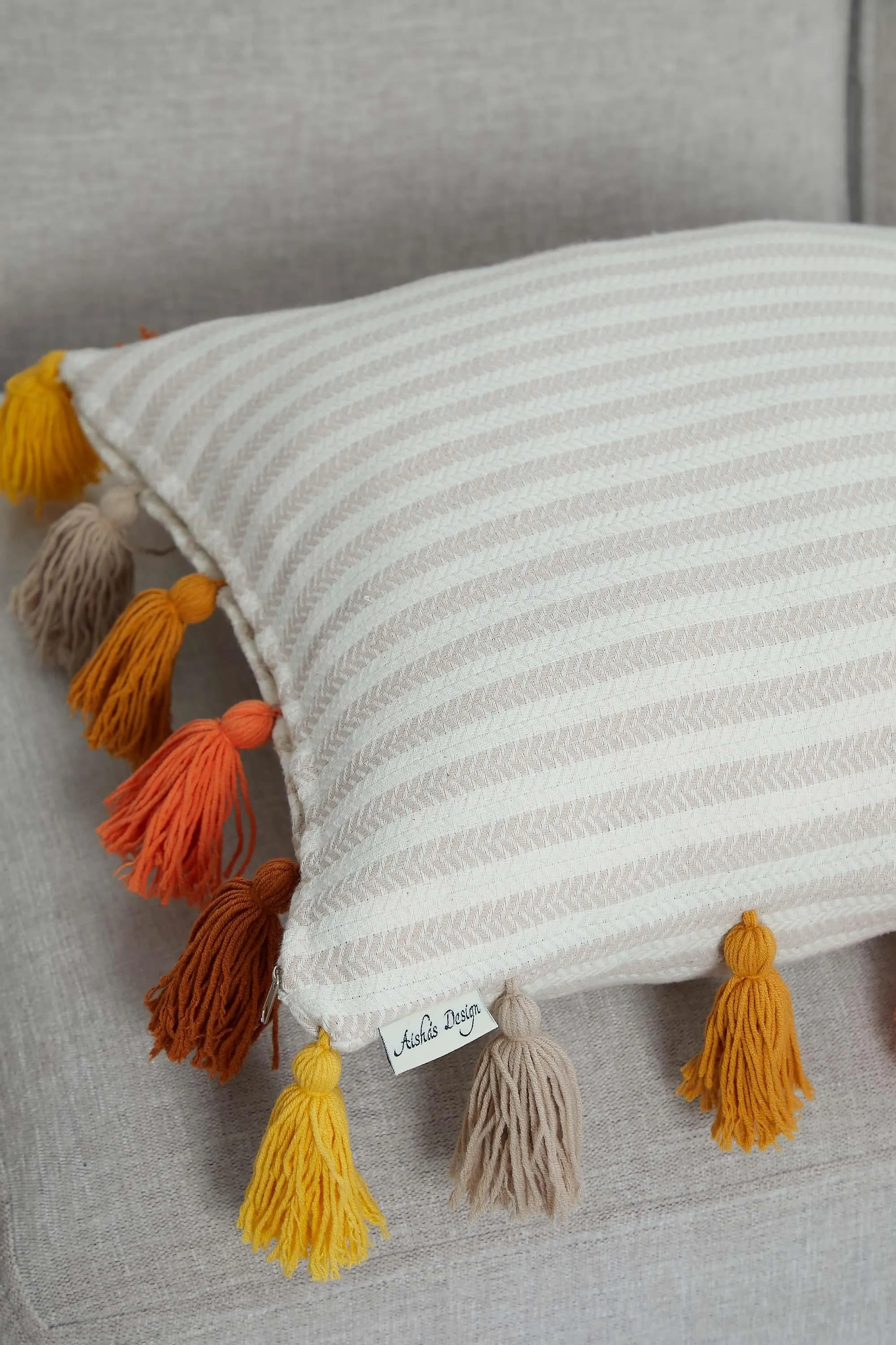 Striped-Patterned Pillow Cover with Plenty of Colourful Tassels on the Edges, 18x18 Inches Decorative Cushion Cover for Modern Home,K-272