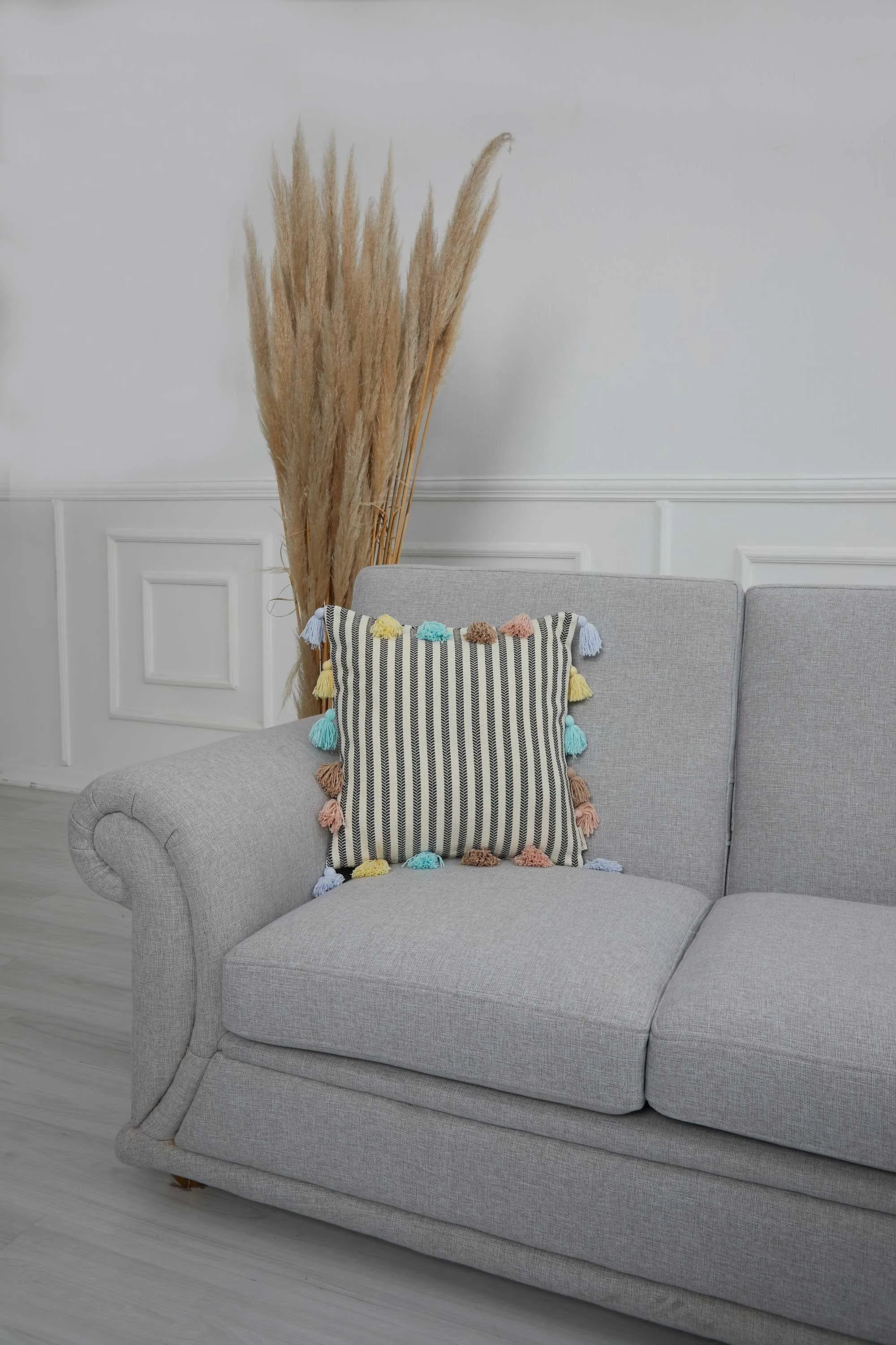 Striped-Patterned Pillow Cover with Plenty of Colourful Tassels on the Edges, 18x18 Inches Decorative Cushion Cover for Modern Home,K-272