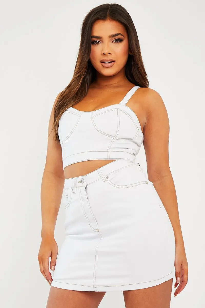 White Contrast Stitch Bralet   Skirt Denim Co-ord - Divina