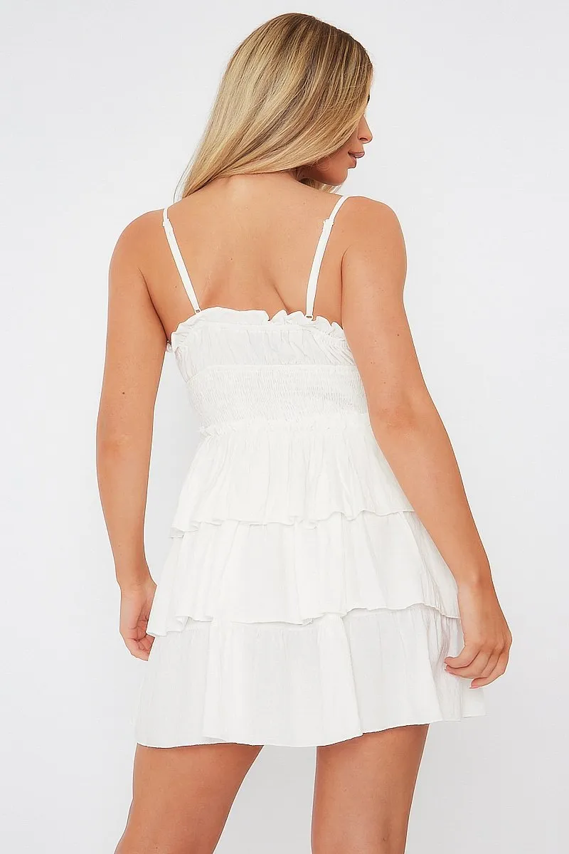 White Frill Detail Tiered Cut Out Mini Dress - Daneen